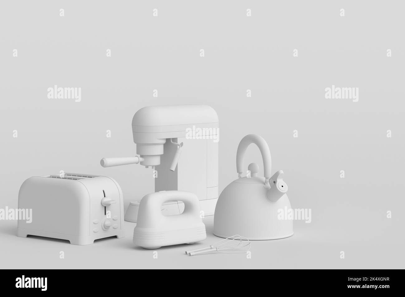 Machine à café expresso, mixeur plongeant, bouilloire et grille-pain pour préparer le petit déjeuner sur fond monochrome. 3d rendu de la cafetière pour la fabrication du lait de cof Banque D'Images