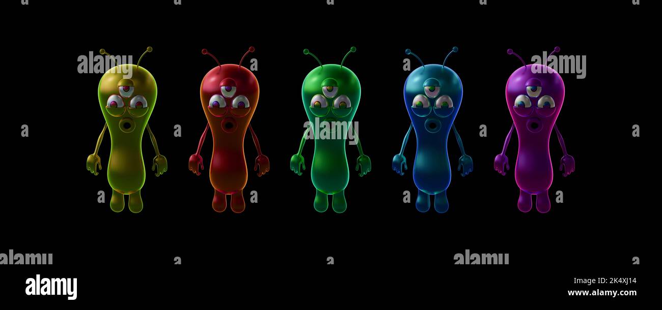 Les aliens colorés réfléchissants sur fond noir 3D rendent l'illustration 3D Banque D'Images