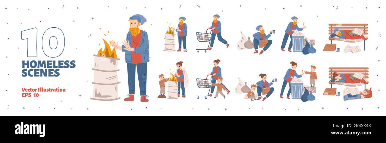 Scènes avec des sans-abri, mendiants vivant dans la rue de la ville. Les personnages de Hobo, triste mère dans le besoin avec son fils et homme solitaire dorment sur le banc, creusent dans les détritus et mendiant, illustration vectorielle dessinée à la main Illustration de Vecteur
