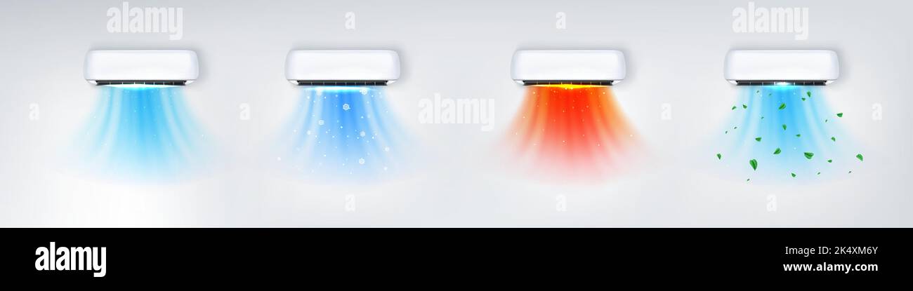 Climatiseurs avec flux d'air froid, chaud et frais propre. Système de séparation, refroidisseur ou purificateur avec vent soufflant avec flocons de neige et feuilles, illustration réaliste de vecteur Illustration de Vecteur