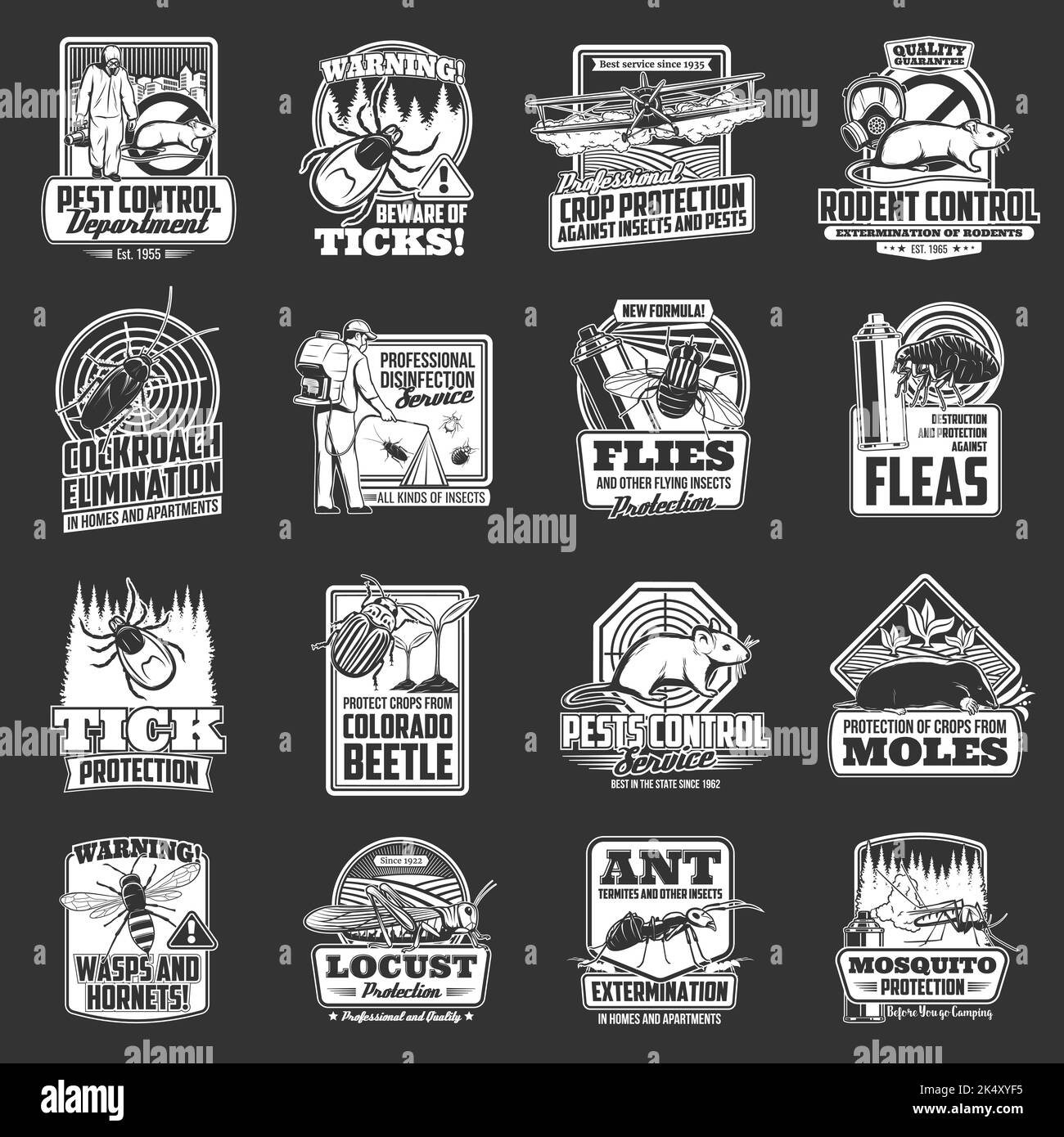 Icônes de vecteurs de service de désinfection, de dissection et d'extermination des organismes nuisibles. Lutte antiparasitaire désinfection et délatisation, domestique et agricole extermination des tiques, des acridiens et des cafards Illustration de Vecteur