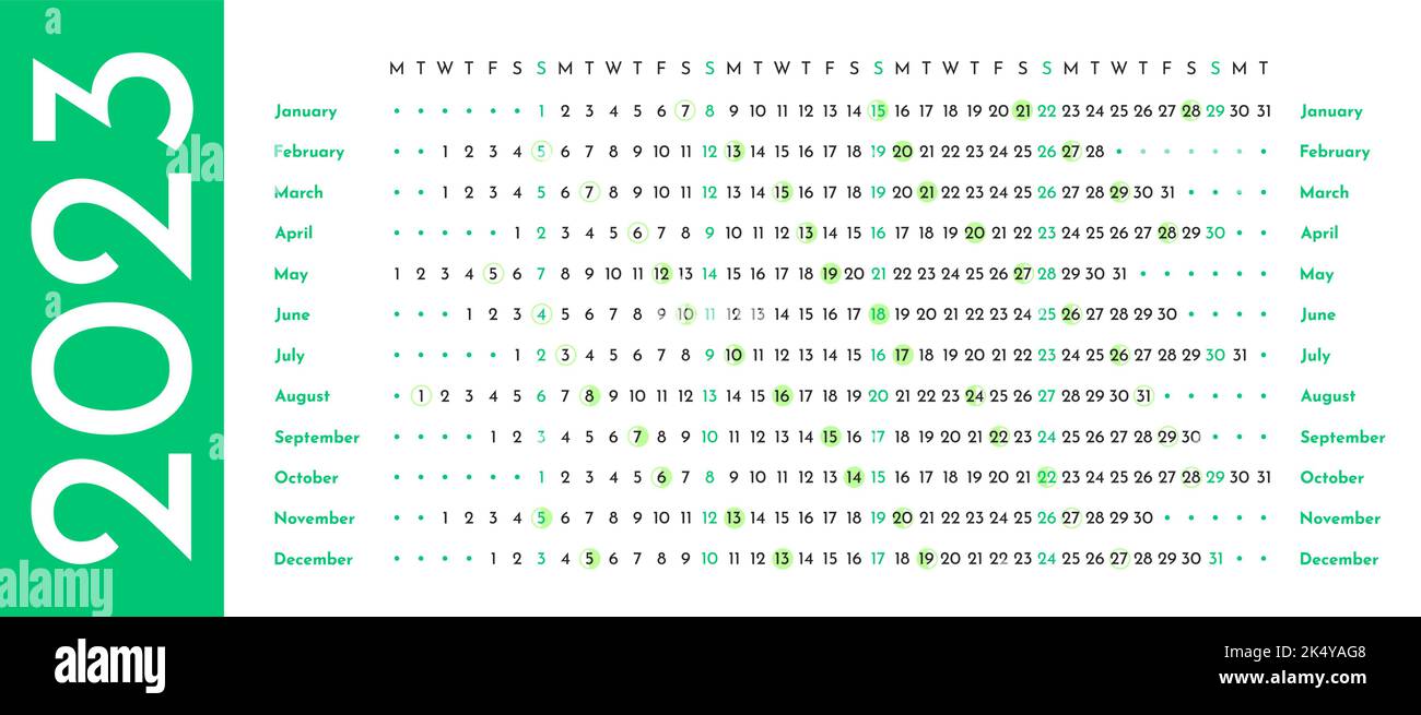 Modèle de calendrier linéaire vert et gris 2023 avec phases de lune Illustration de Vecteur