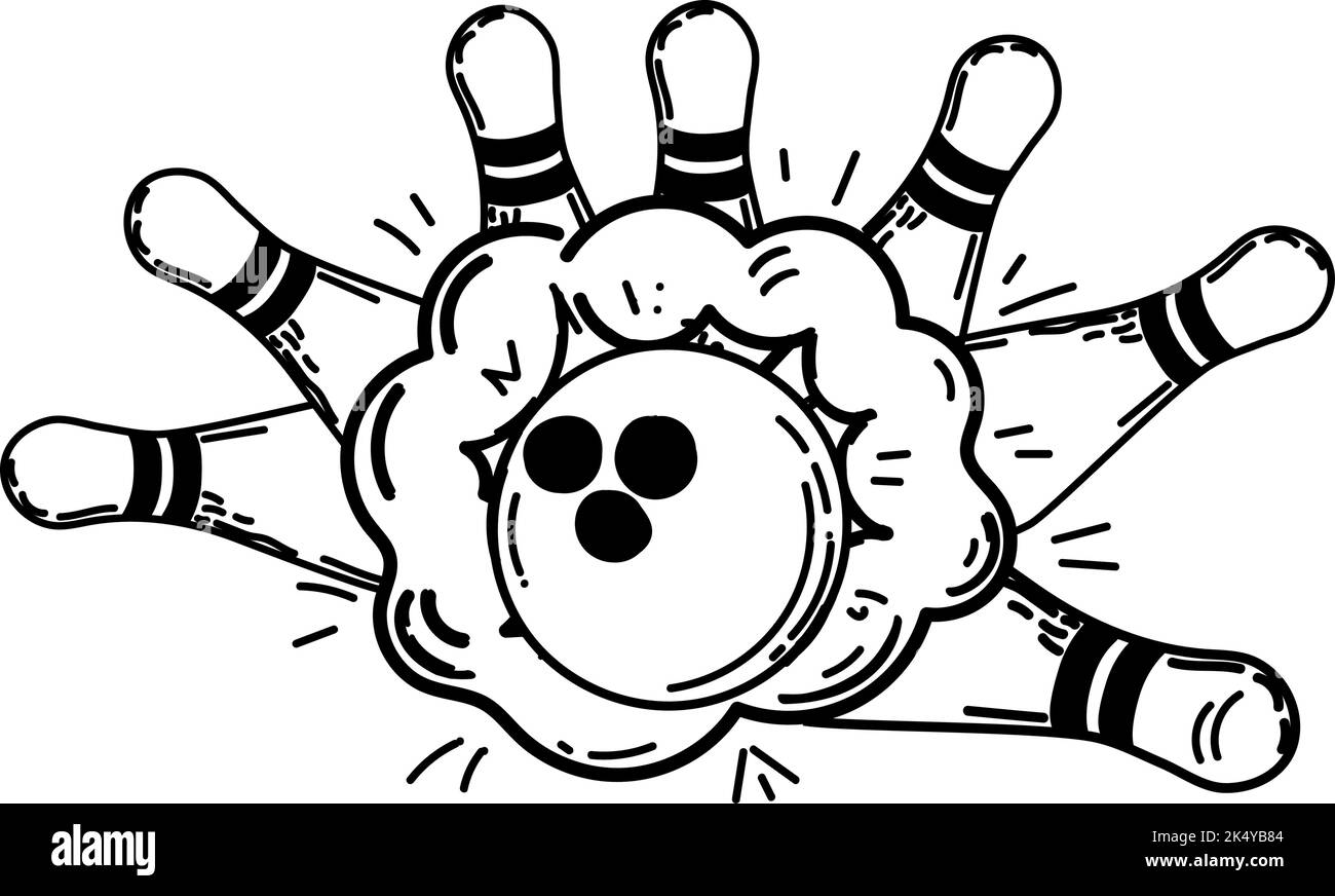 Punaises et boule de bowling dessinées à la main. La bille fait éclater les goupilles. Passe-temps, divertissement, loisirs. Patineur. Sports. Jeu. Frappez, gagnez. Vecteur si Illustration de Vecteur