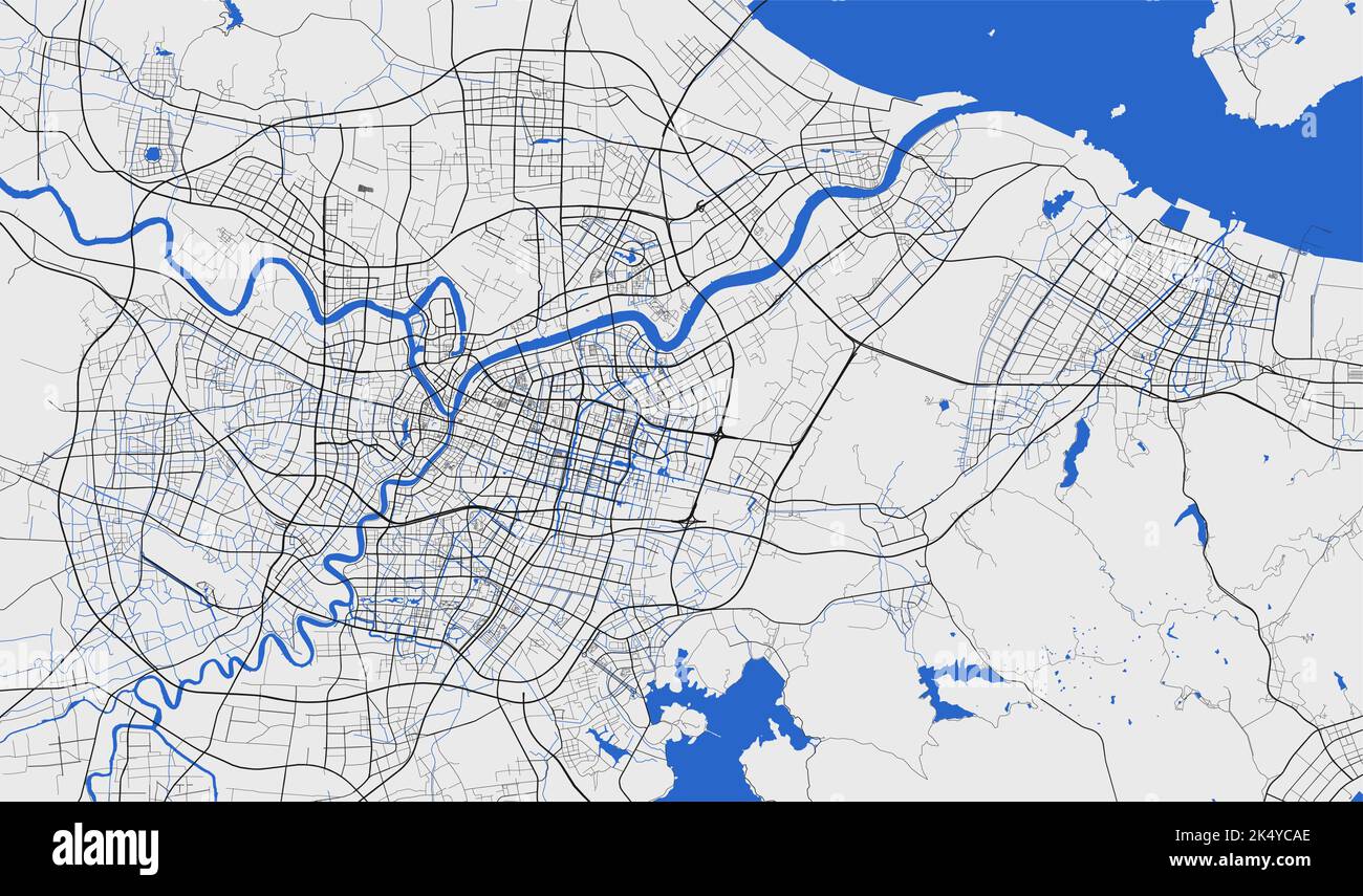 Carte de Ningbo. Carte détaillée de la zone administrative de la ville de Ningbo. Panorama urbain. Illustration vectorielle libre de droits. Carte routière avec autoroutes, rivières. Illustration de Vecteur