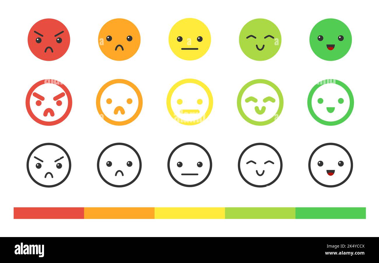 Ensemble d'icônes plates isolées à échelle d'humeur émotionnelle. Emoji indicateur de satisfaction. Signe de retour d'informations sur la couleur de l'émoticône. Symbole de niveau de visage amusant de mesure isolé sur blanc Illustration de Vecteur