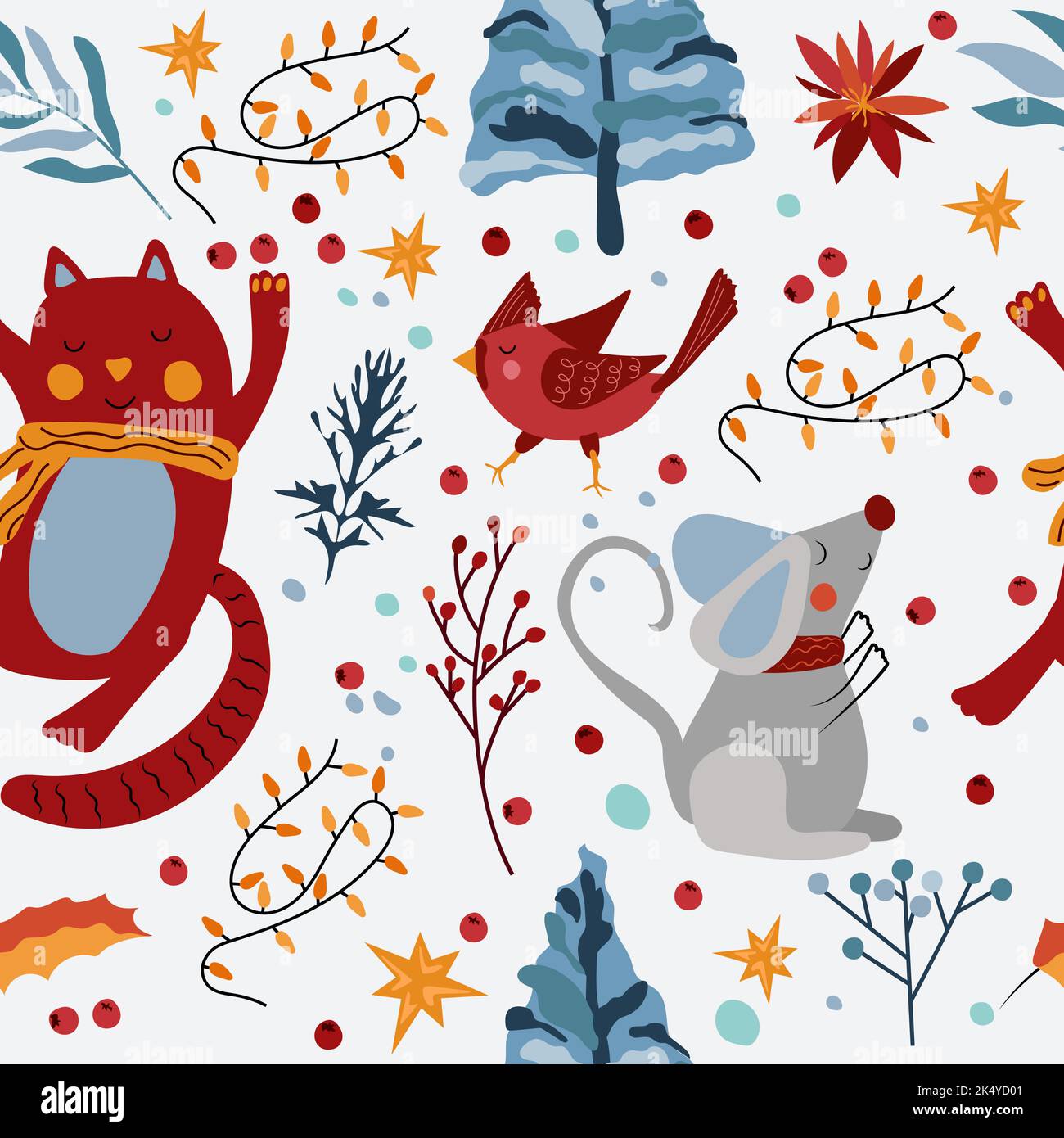 Motifs sans couture avec animaux d'hiver, chat drôle dans un foulard, souris mignonne, oiseau cardinal, décorations d'arbre de Noël, guirlande et fleurs. Motif hiver magique. Illustration vectorielle. Illustration de Vecteur