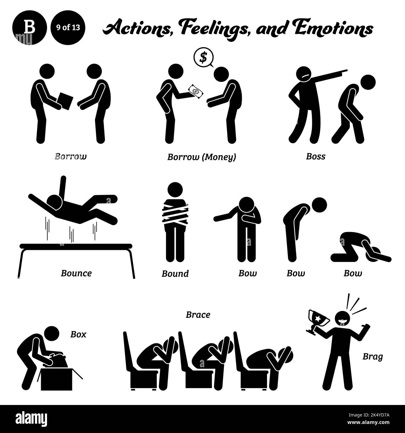 Bâton figure humain personnes homme action, sentiments, et émotions icônes commençant par l'alphabet B. emprunter, emprunter de l'argent, patron, rebondir, lié, arc, boîte, brac Illustration de Vecteur
