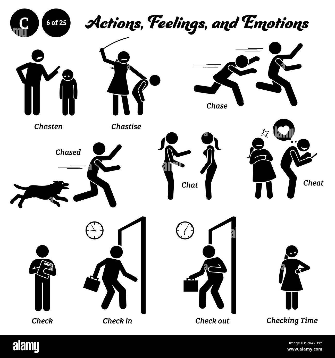Bâton figure humain personnes homme action, sentiments, et émotions icônes commençant par l'alphabet C. Chasten, chasstaise, poursuite, chassé, chat, cheat, check in o Illustration de Vecteur