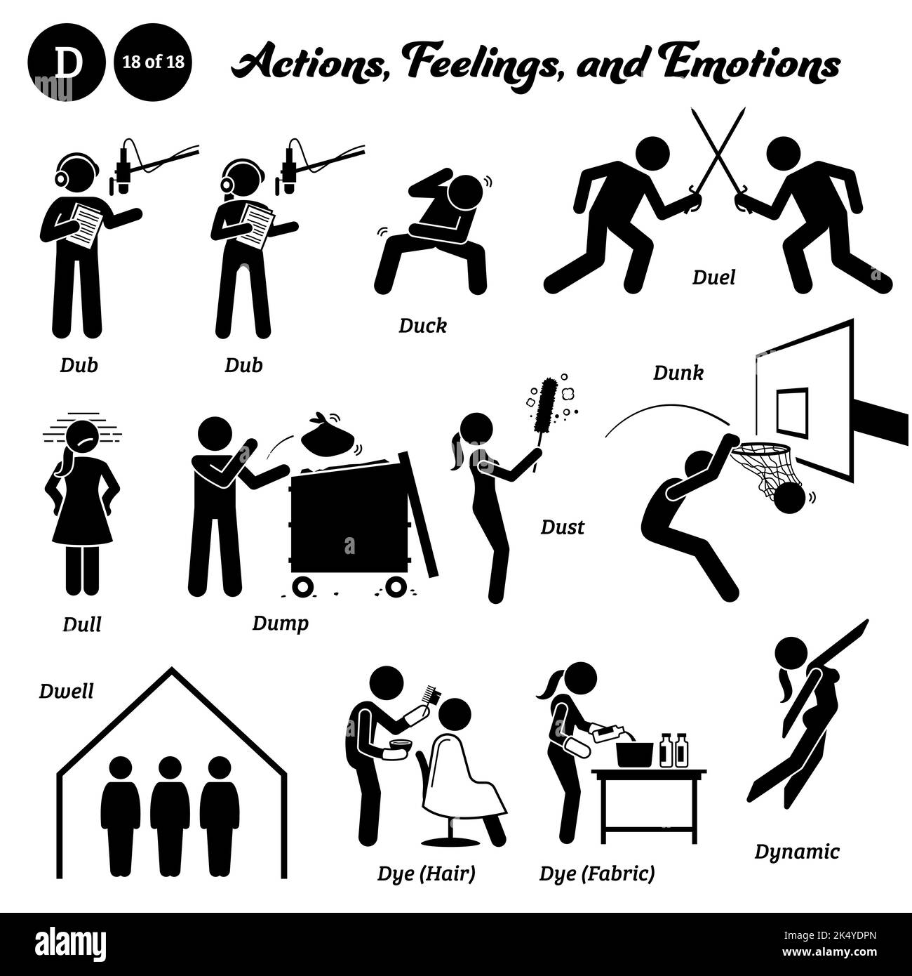 Figure de bâton humain personnes homme action, sentiments, et émotions icônes alphabet D. Dub, canard, duel, terne, dump, poussière, dunk, pause, teintures des cheveux, tissus teints, a Illustration de Vecteur