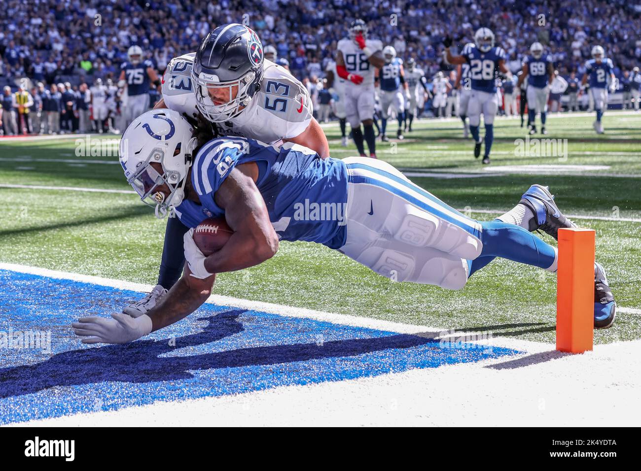 Indianapolis, Indiana, États-Unis. 2nd octobre 2022. Indianapolis Colts Tight End Mo ALIE-COX (81) a obtenu des scores dans le coin avant de la zone d'extrémité devant le Tennessee Titans linebacker DYLAN COLE (53) pendant le match entre les Tennessee Titans et les Indianapolis Colts au stade Lucas Oil. (Image de crédit : © Scott Stuart/ZUMA Press Wire) Banque D'Images