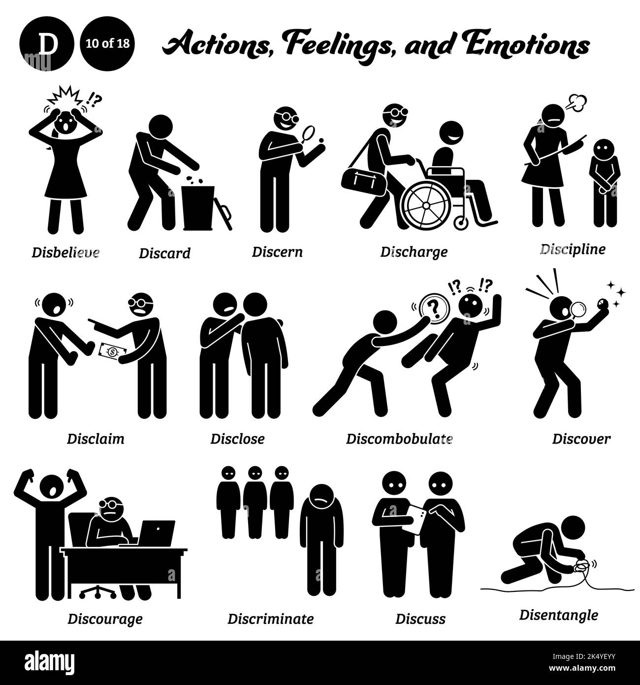 Figure de bâton humain personnes homme action icônes alphabet D. ne pas croire, jeter, discerner, décharge, discipline, disclaim, divulguer, discombobulate, discov Illustration de Vecteur