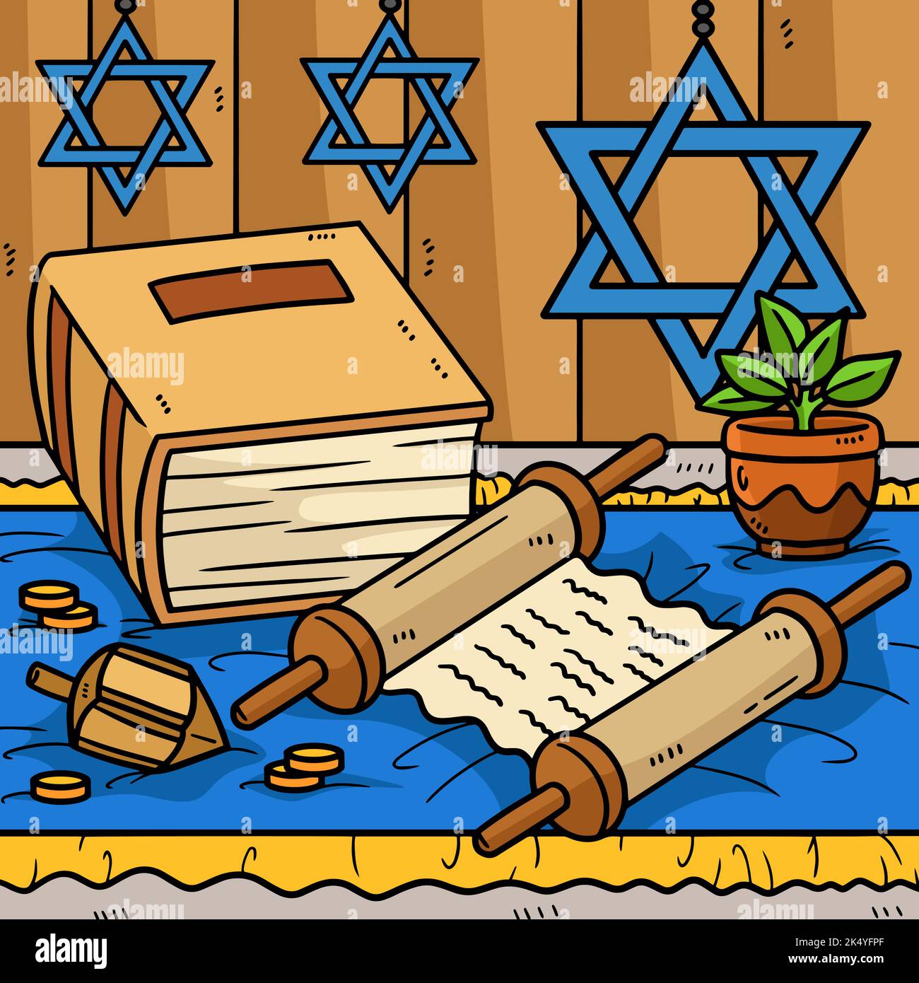 Hanukkah Torah Scroll et Livre de dessin animé coloré Illustration de Vecteur