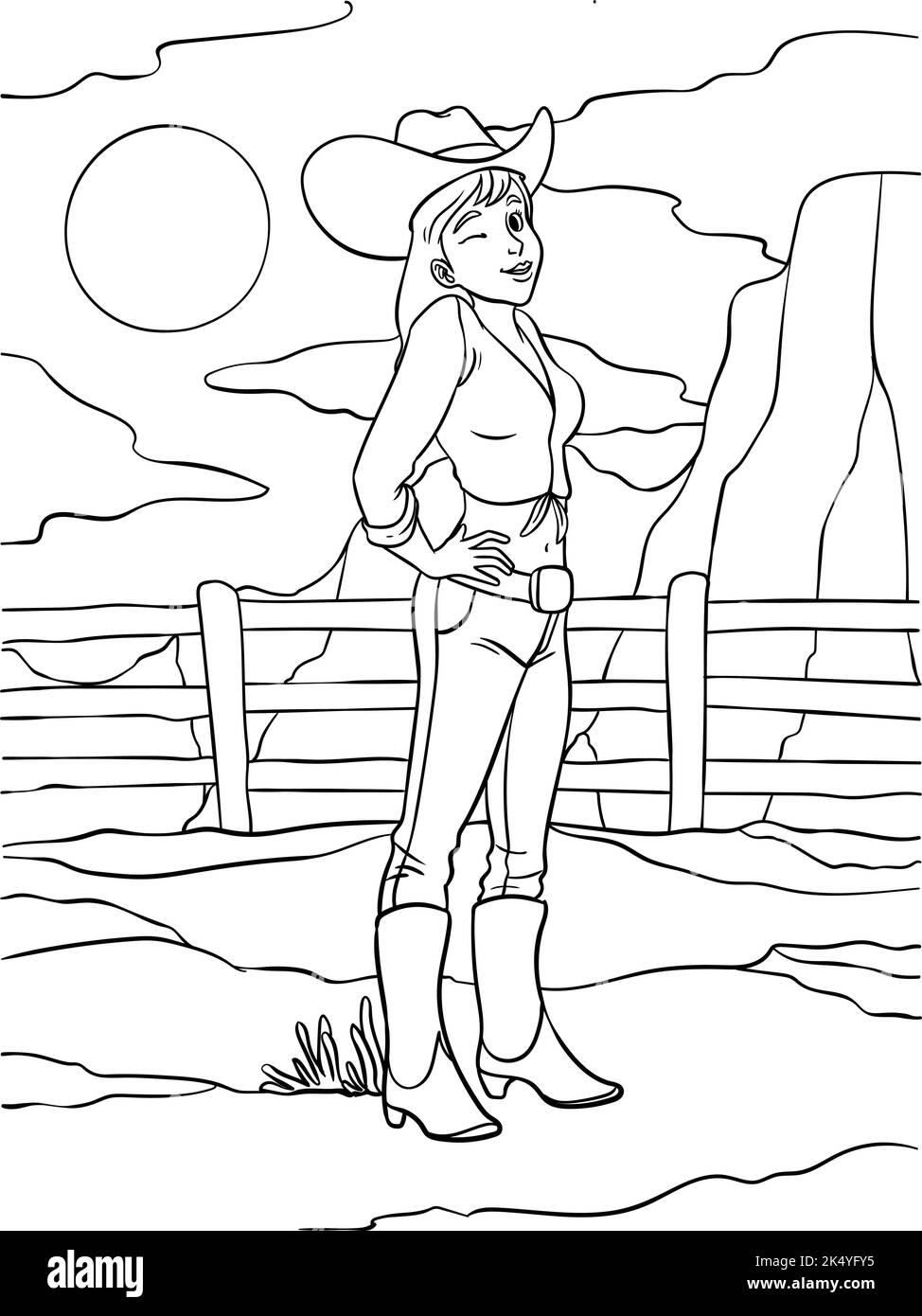 Page de coloriage de cowgirl pour enfants Illustration de Vecteur