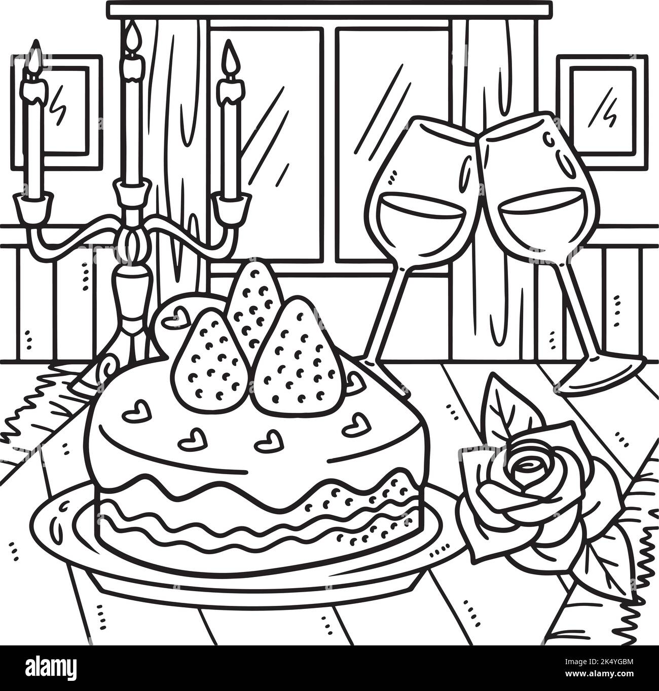 Gâteau, bougies et vin Saint Valentin coloration de jour Illustration de Vecteur