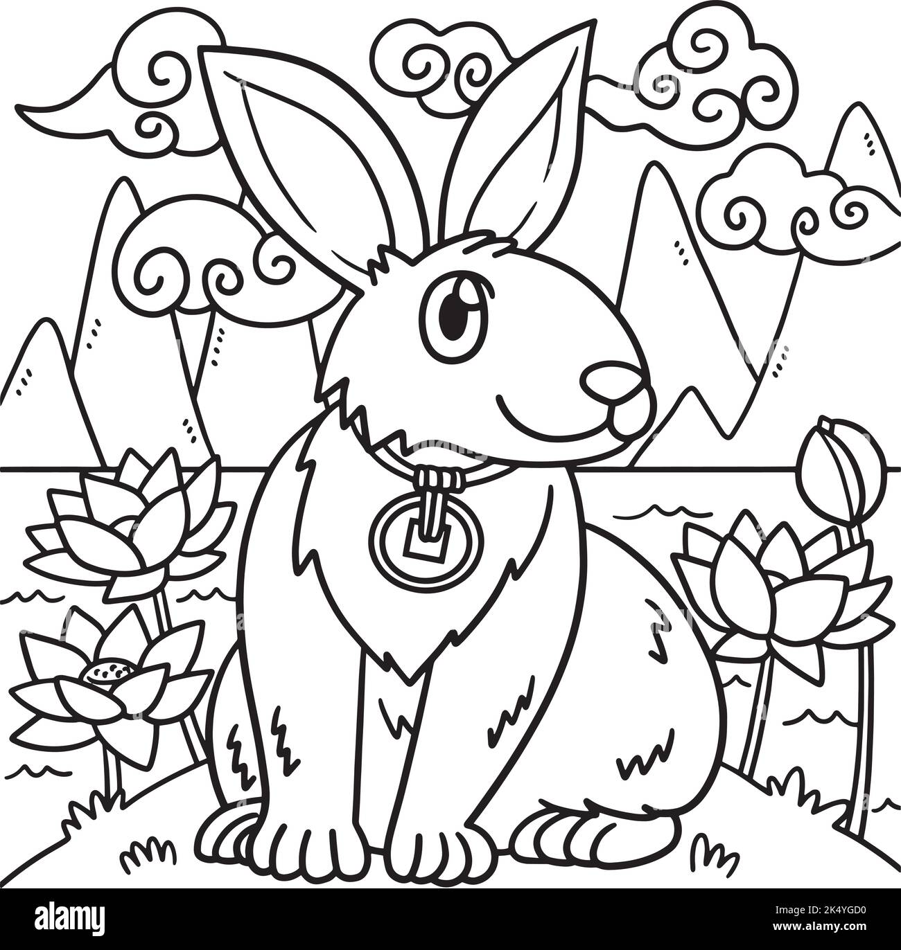 Lapin dans le jardin de Lotus année de la coloration de lapin Illustration de Vecteur