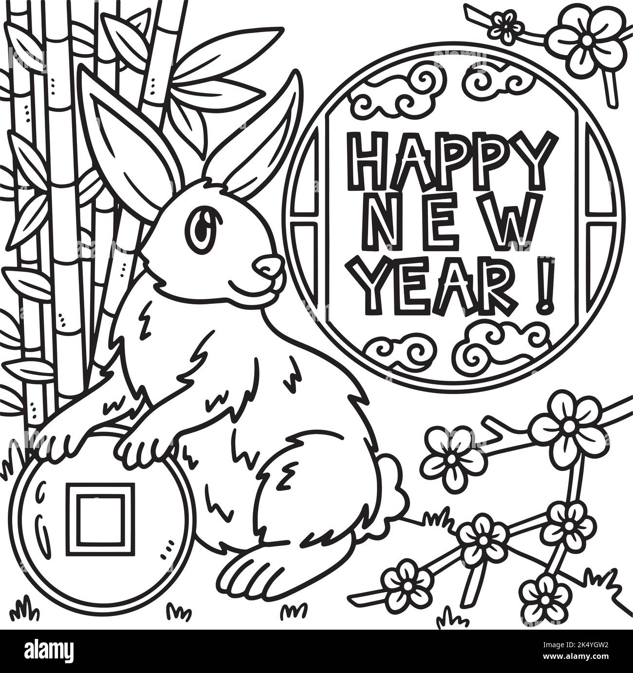 Page de coloriage de lapin bonne année pour les enfants Illustration de Vecteur