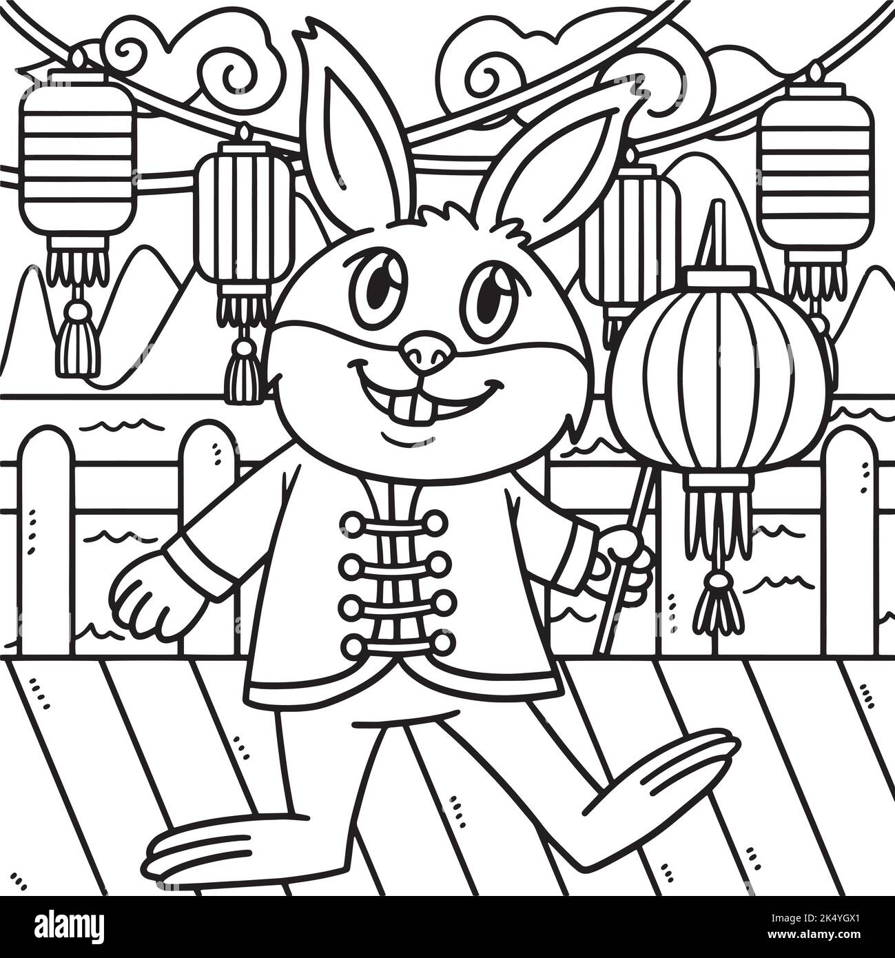 Lapin avec année lanterne de la coloration de lapin Illustration de Vecteur
