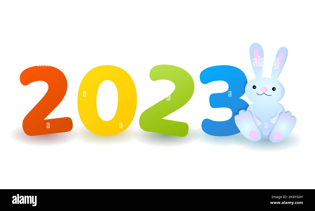 Illustration Vector New Year 2023 avec un lapin et un nombre. Typographie pour cartes de vœux, affiches, icônes et logos. Illustration de Vecteur