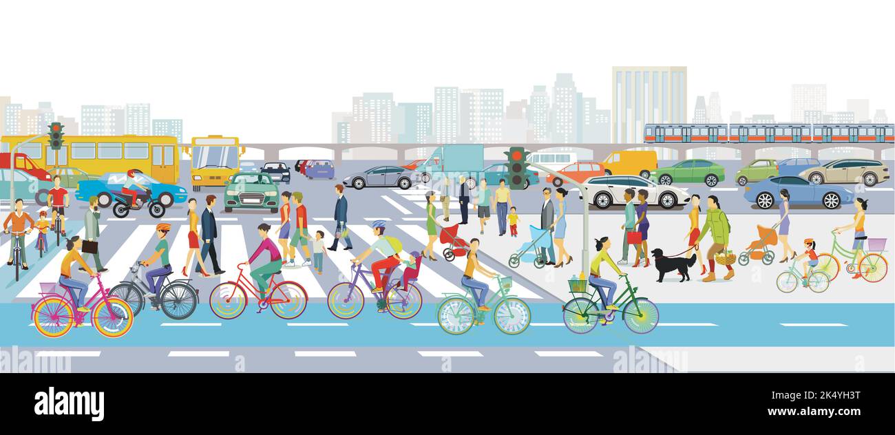 Silhouette de ville avec circulation routière et piétons sur le passage pour piétons, illustration Illustration de Vecteur