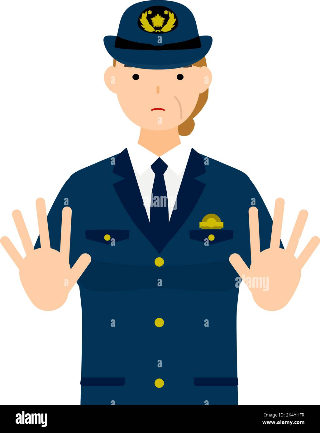 Une femme de police pose, mettant les deux mains devant vous pour vous arrêter Illustration de Vecteur