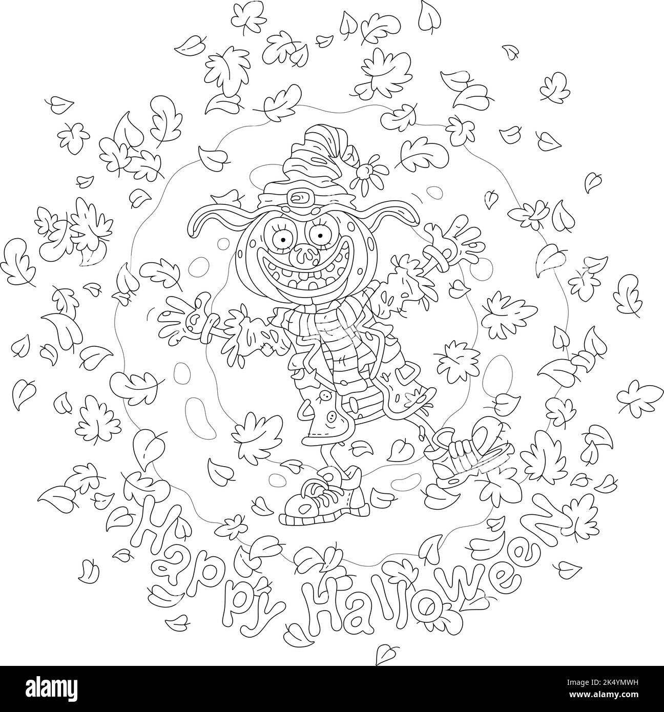 Bonne carte d'Halloween d'un drôle de fracas avec une citrouille avait marché parmi les feuilles d'automne volantes lors d'une nuit de vacances sombre Illustration de Vecteur