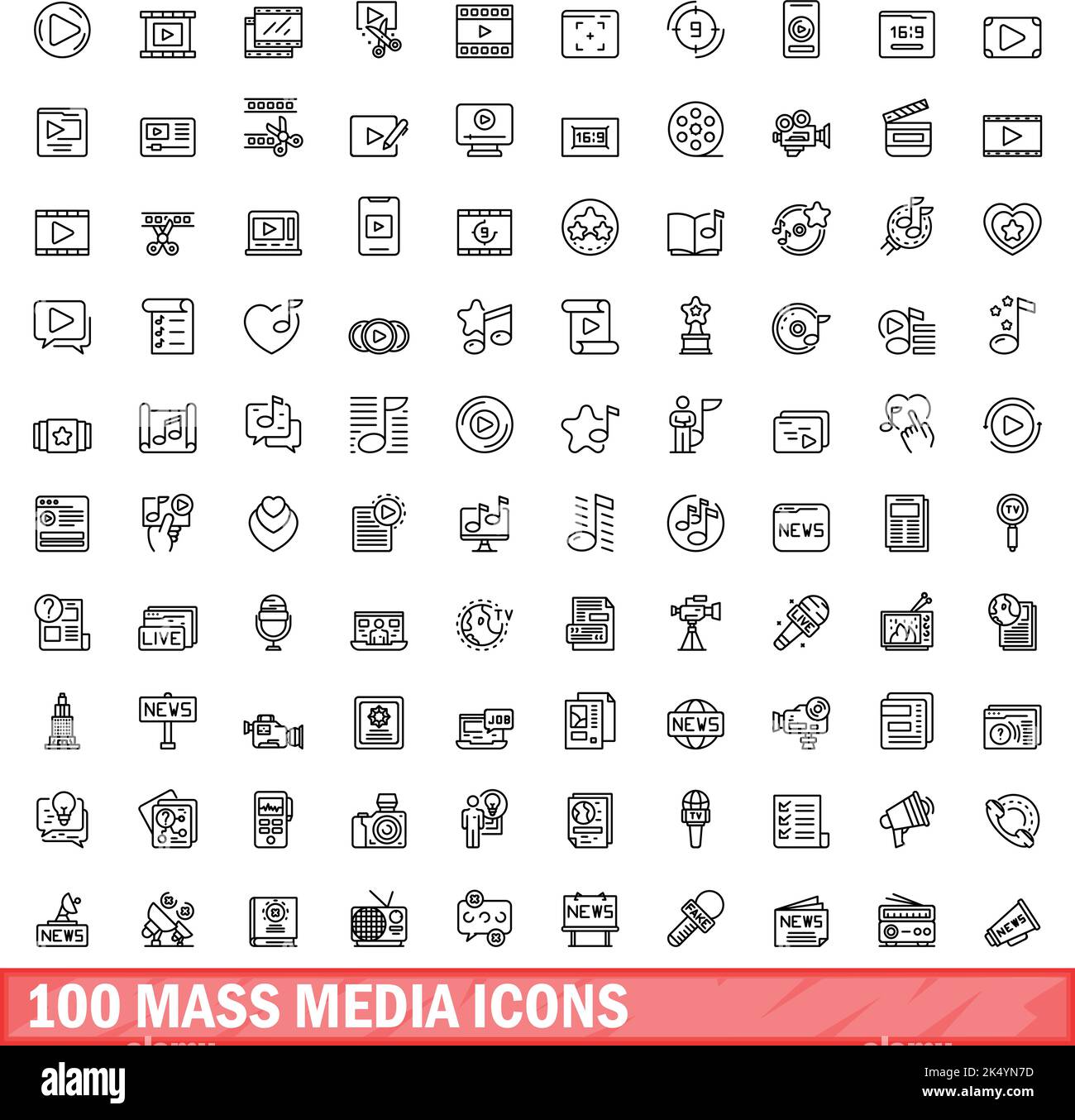100 icônes de média de masse définies.Illustration du contour de 100 icônes de média de masse ensemble de vecteurs isolés sur fond blanc Illustration de Vecteur