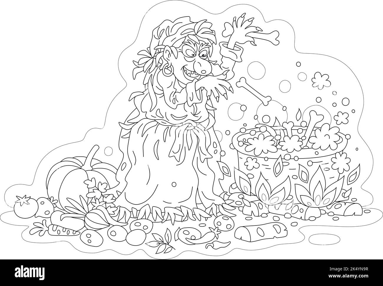 Une vieille sorcière en colère chuchote ses sorts et prépare une soupe savoureuse avec des os, des légumes et des épices dans son grand chou-fleur Illustration de Vecteur