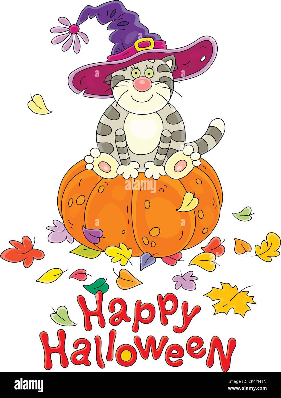 Bonne carte d'Halloween avec un drôle de chat gras dans un chapeau de sorcière de vacances assis sur une grande citrouille orange parmi les feuilles d'automne déchue colorées Illustration de Vecteur