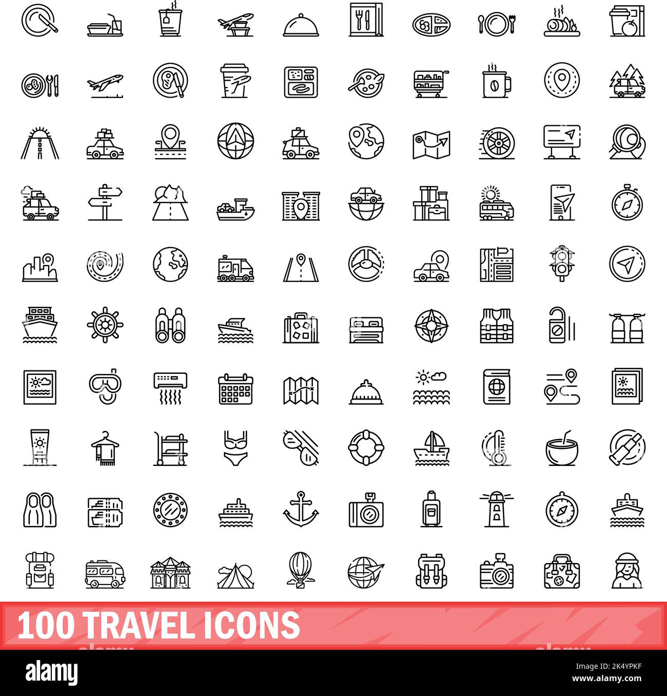 100 icônes de déplacement définies. Illustration de 100 icônes de voyage ensemble de vecteurs isolé sur fond blanc Illustration de Vecteur