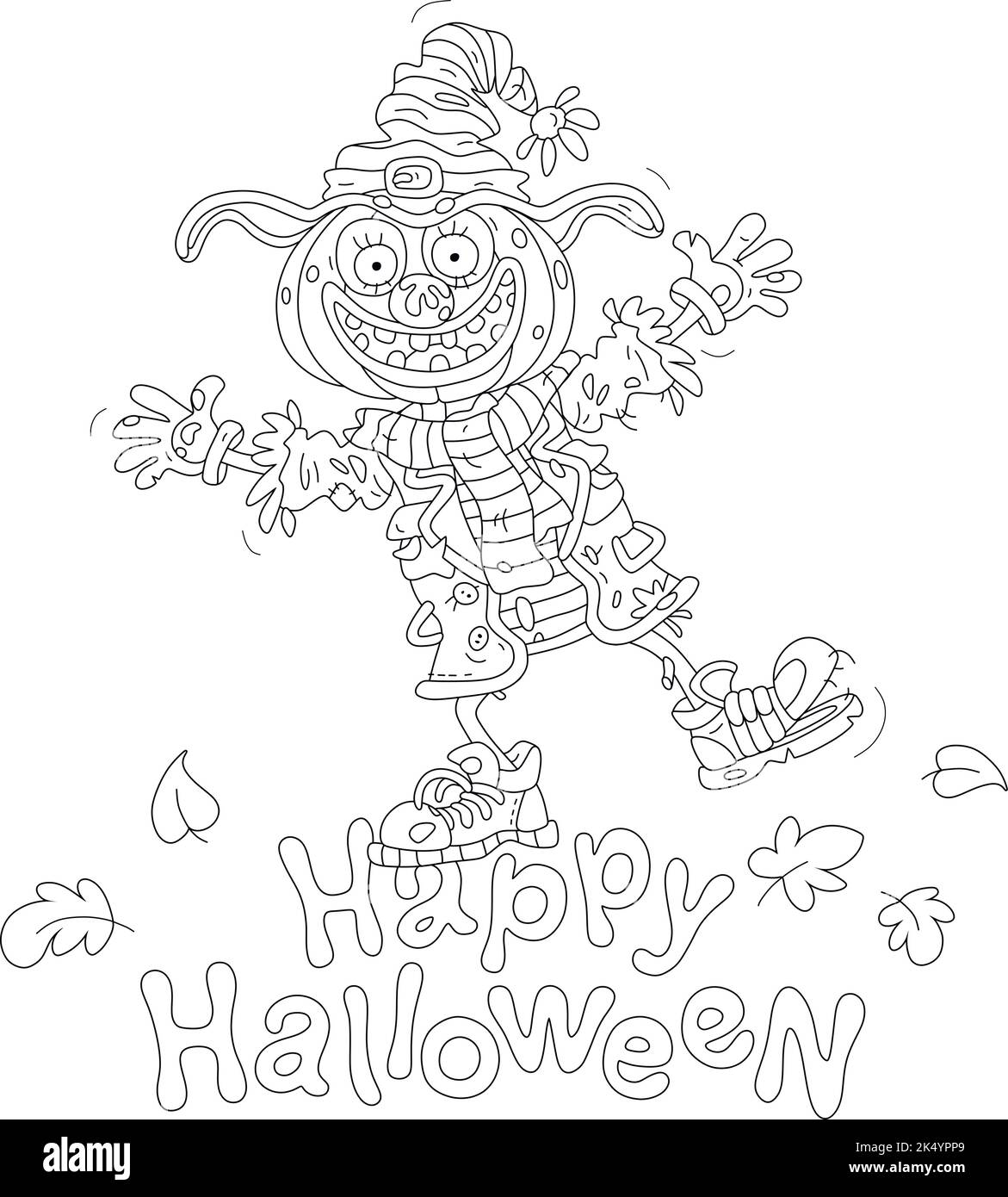 Bonne carte d'Halloween d'un drôle de fracas avec une citrouille avait marché parmi les feuilles d'automne volantes lors d'une nuit de vacances étrange Illustration de Vecteur