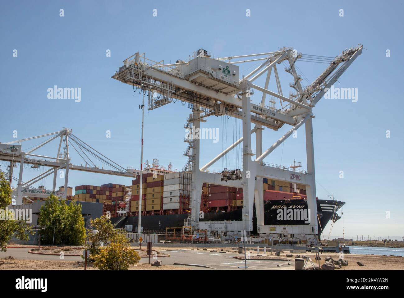 Tout en marchant dans le parc Middle Harbour Shoreline, vous pouvez voir des navires chargés ou déchargés de leurs conteneurs. Banque D'Images