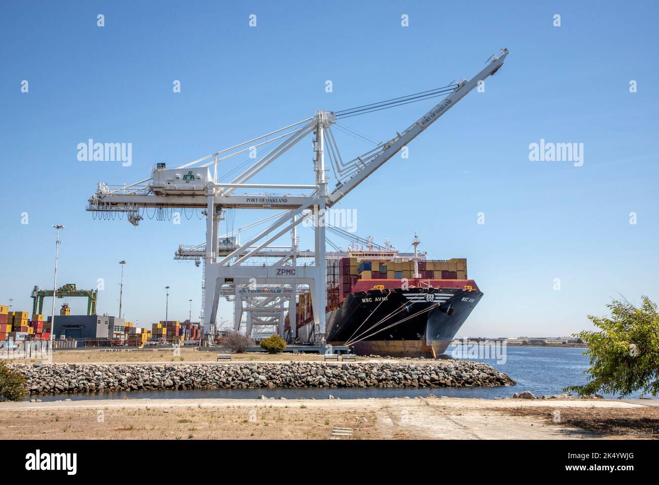 Tout en marchant dans le parc Middle Harbour Shoreline, vous pouvez voir des navires chargés ou déchargés de leurs conteneurs. Banque D'Images