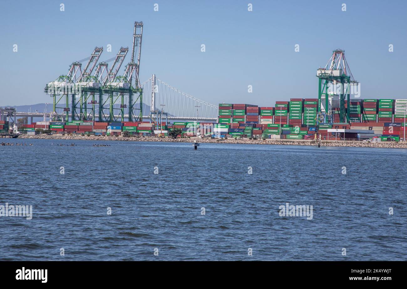 Tout en marchant dans le parc Middle Harbour Shoreline, vous pouvez voir des navires chargés ou déchargés de leurs conteneurs. Banque D'Images