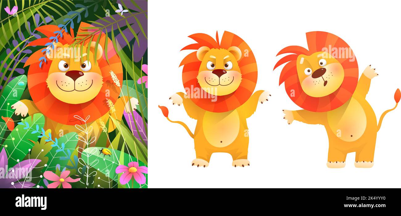 Ensemble Baby Lion dans Jungle et isolé Lion Clipart Illustration de Vecteur