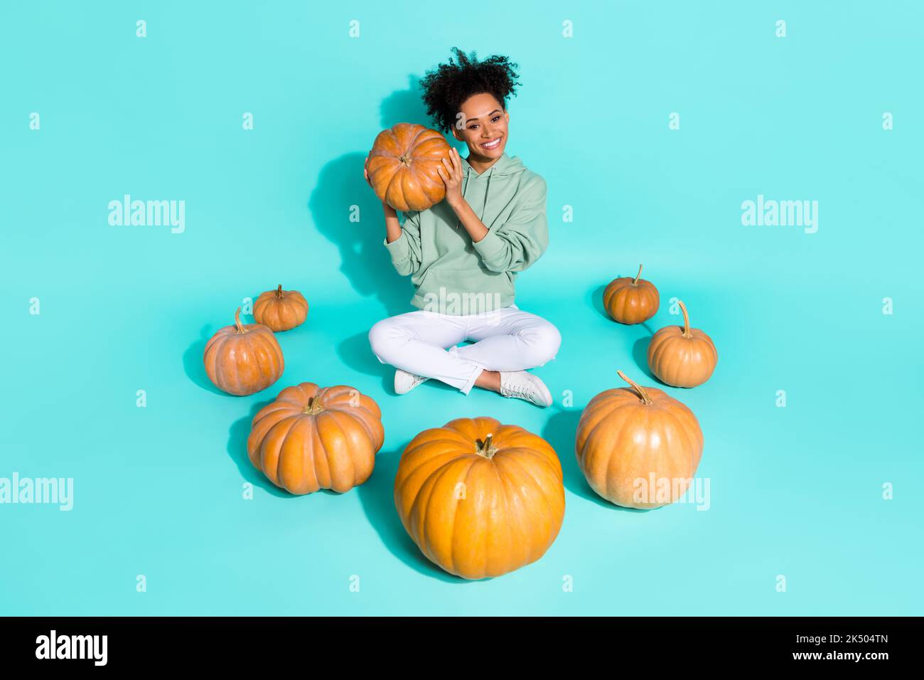 Pleine photo de rêve charmante dame porter un sweat-shirt croissance citrouilles isolées couleur turquoise arrière-plan Banque D'Images