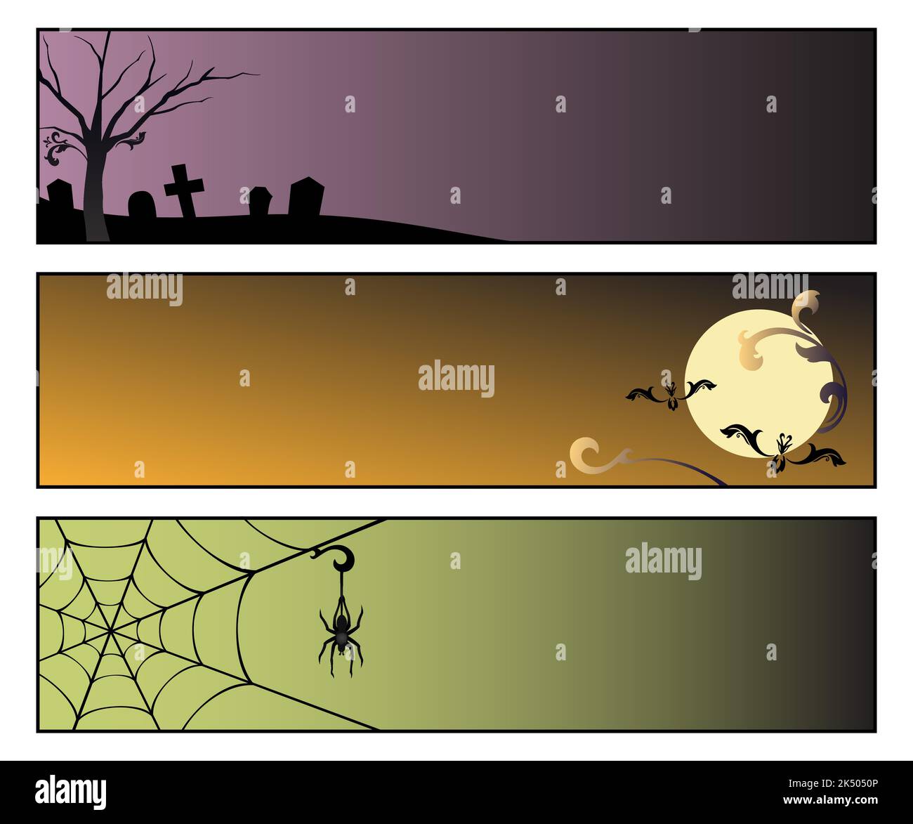 Un ensemble de trois bannières sur le thème d'halloween avec espace de copie, cimetière, pleine lune, et toile d'araignée Illustration de Vecteur