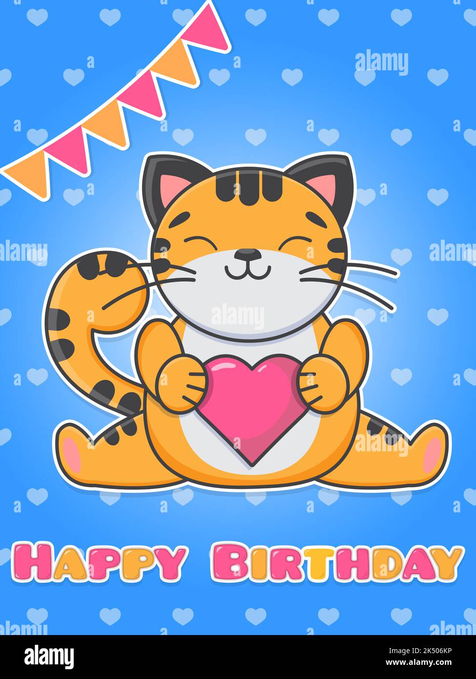 Carte de vœux Joyeux anniversaire. Le chat mignon tient un coeur rose. Illustration plate de dessin animé. Illustration de Vecteur