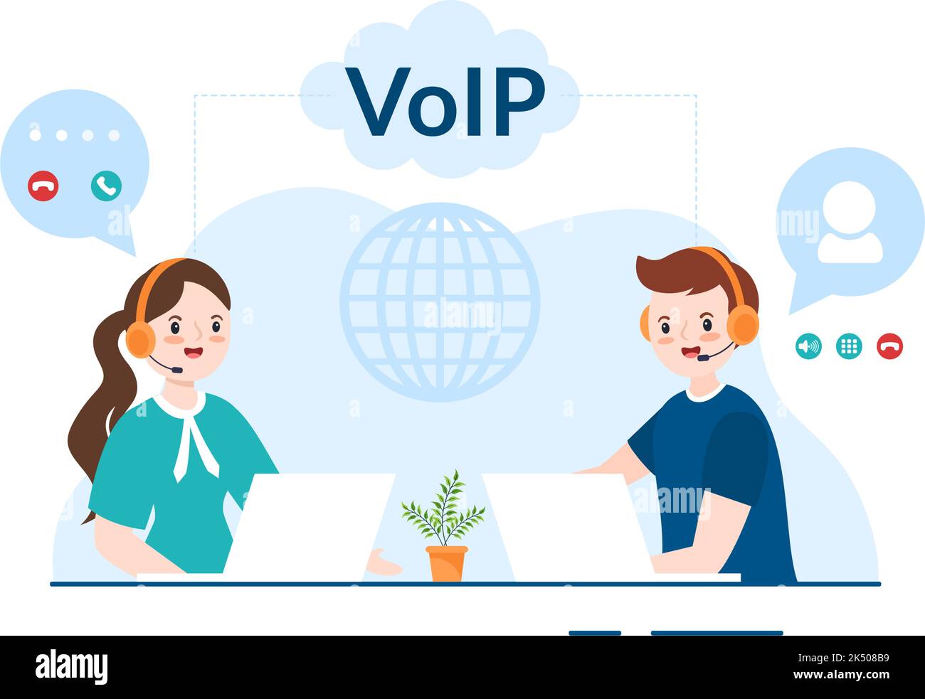 VOIP ou Voice over Internet Protocol avec technologie de schéma de téléphonie et logiciel d'appel de téléphone réseau dans le modèle dessin main dessin dessin dessin de dessin animé Illustration de Vecteur