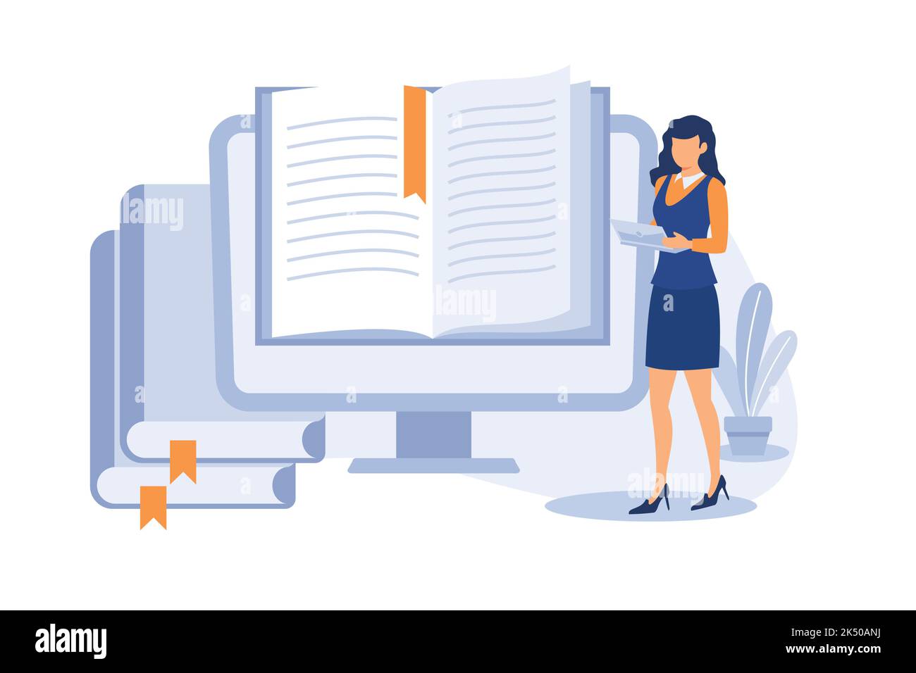 Illustration sur le thème du livre électronique. Les gens adorables étudient et lisent des livres sur les téléphones, les ordinateurs portables, les ordinateurs et les tablettes. Le vecteur plat peut être utilisé par les bibliothèques, les applications, Illustration de Vecteur