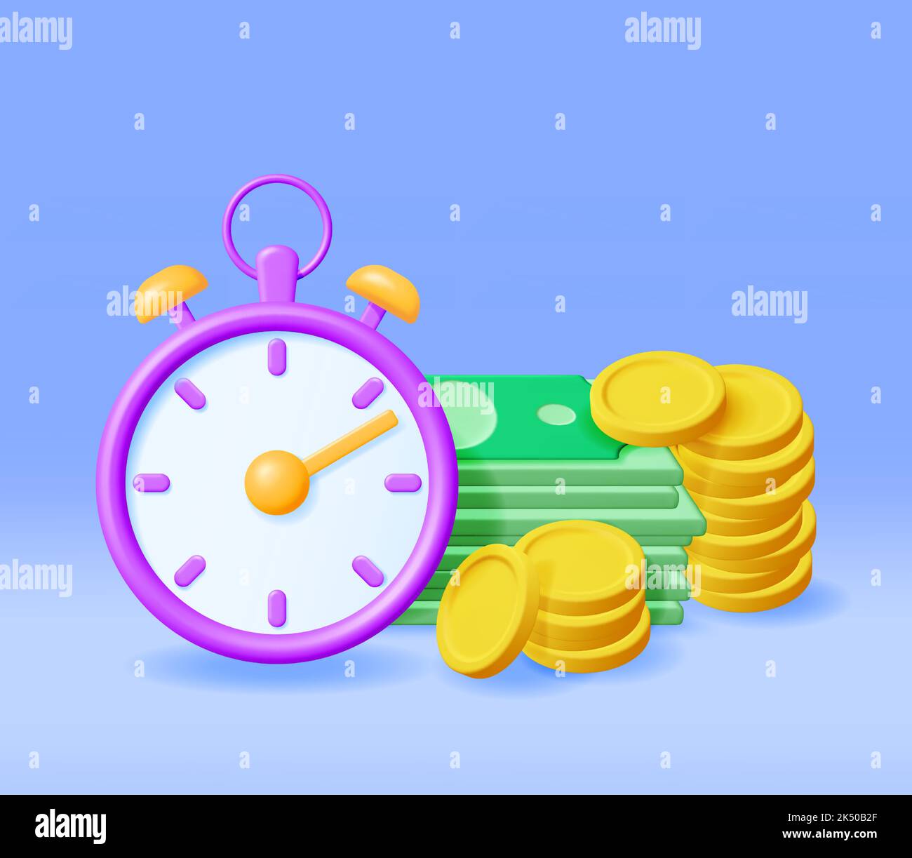 3D horloge avec billets et pièces en dollars Illustration de Vecteur