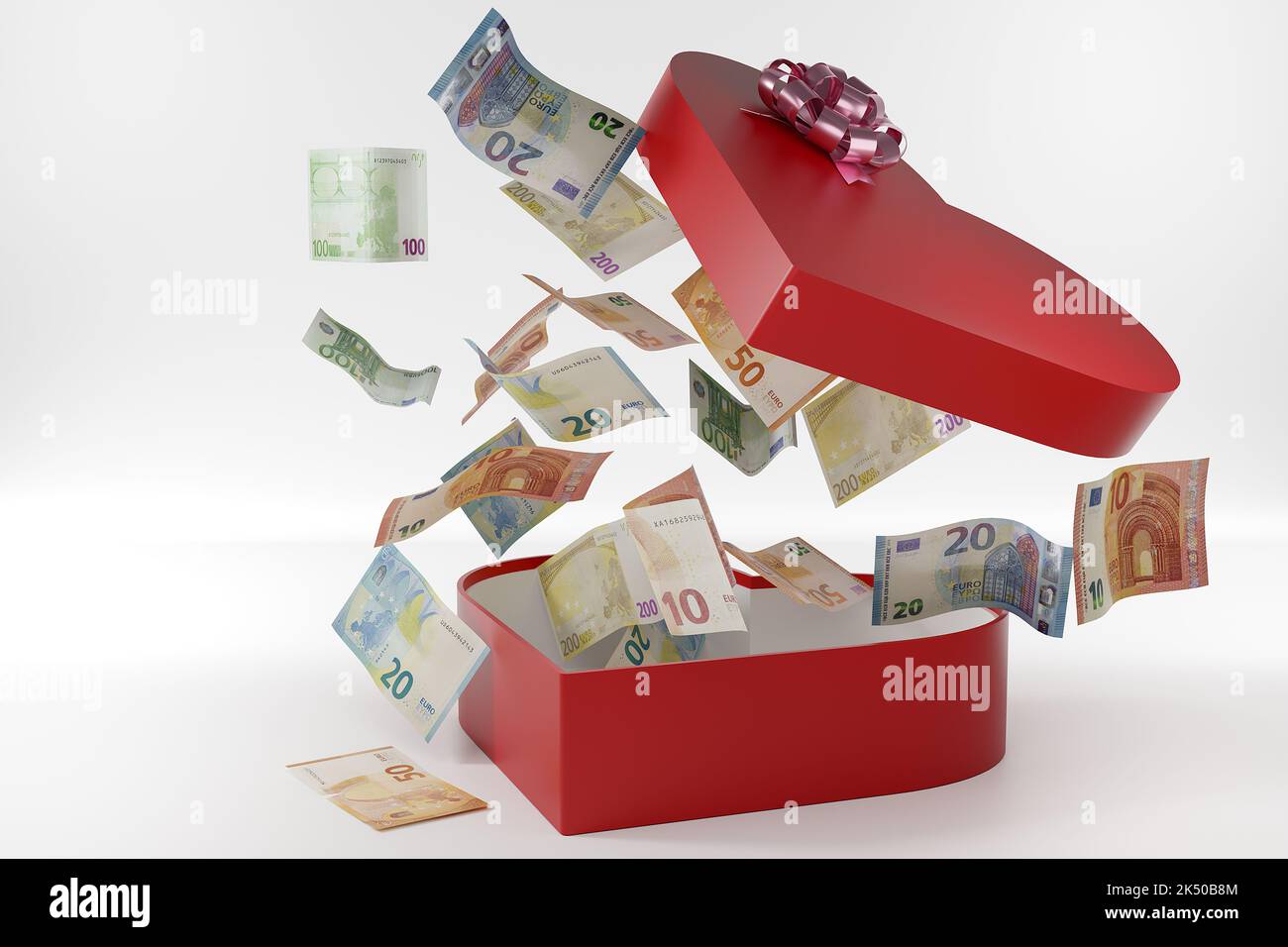Concept de cadeau d'argent monnaie européenne euro argent cadeau d'euros dans une boîte-cadeau découpée sur fond blanc Banque D'Images