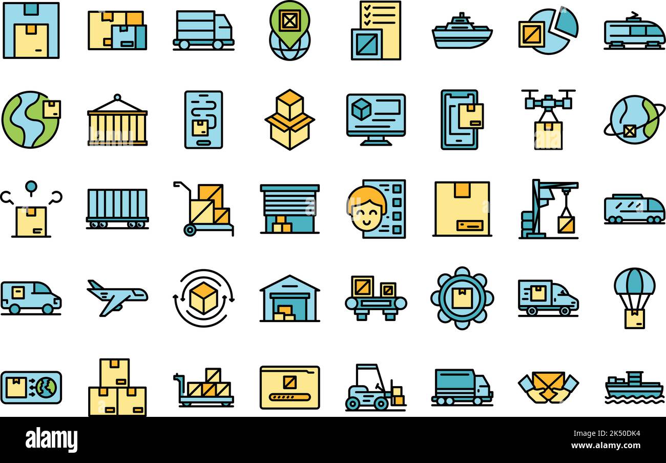 Les icônes de trafic de fret définissent le vecteur de contour. Marchandises de train. Ligne mince de l'espace utilitaire de couleur plate sur le blanc Illustration de Vecteur