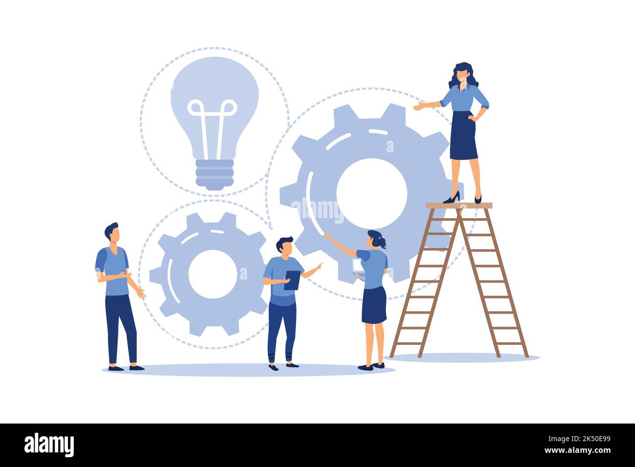 travail d'équipe sur la recherche de nouvelles idées, les petites personnes lancent un mécanisme, la recherche de nouvelles solutions, le travail créatif vecteur plat dessin moderne Illustration de Vecteur