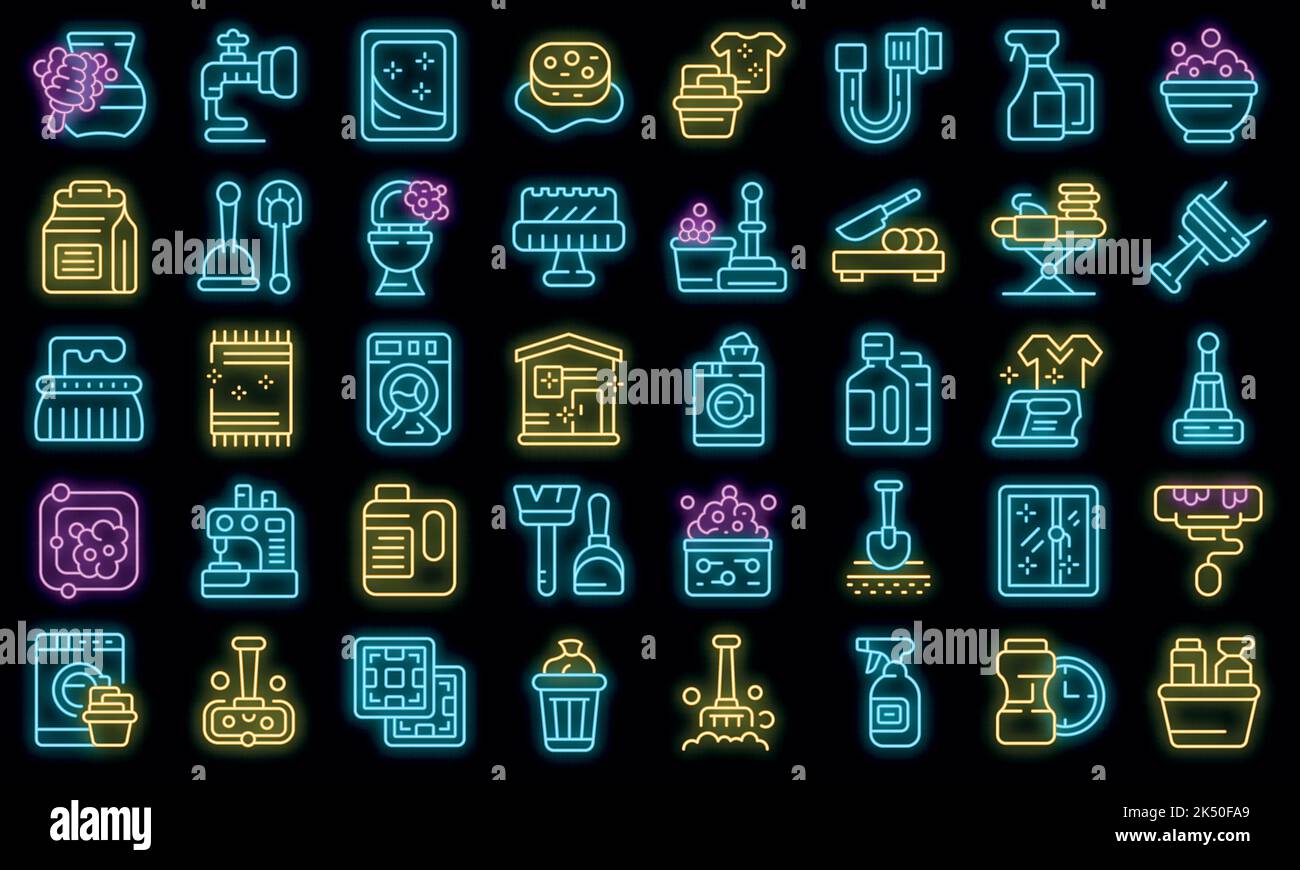 Les icônes des professions de ménage définissent le vecteur de contour. Nettoyer la surface. Vecteur hygiène sanitaire néon Illustration de Vecteur