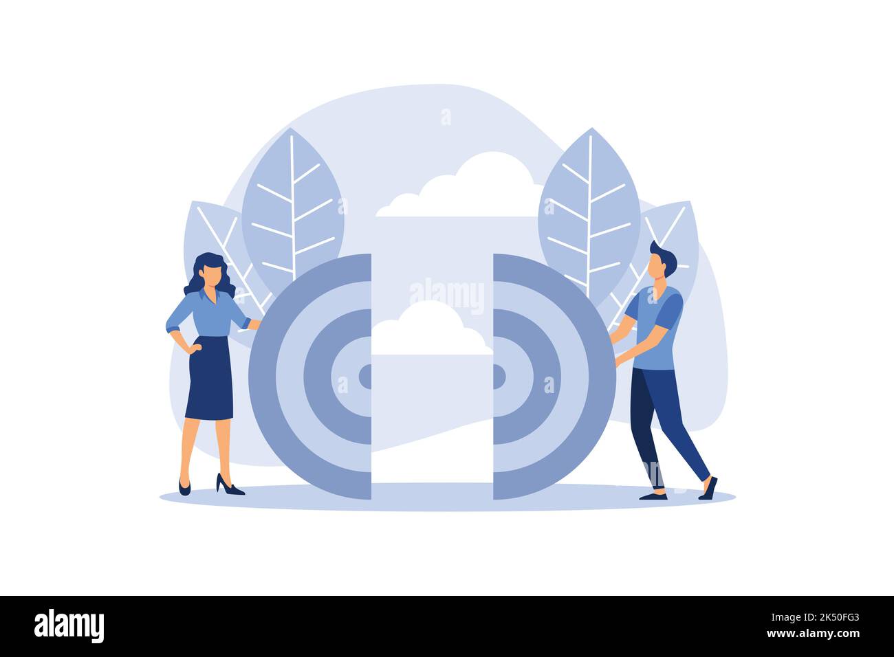 Concept d'entreprise. Deux hommes d'affaires poussent la cible. L'équipe travaille pour atteindre l'objectif. Illustration vectorielle de style plat. Pièce de raccordement. Symbole de l'WO Illustration de Vecteur