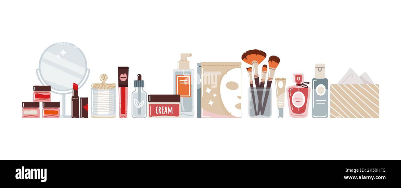 Maquillage, cosmétiques de soin de la peau de style plat sur fond blanc.illustration vectorielle Illustration de Vecteur