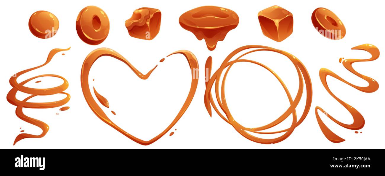 Sucreries de Toffee et éclaboussures et écoulements de caramel liquide. Ensemble de dessins animés vectoriels de crème brune douce, cubes de caramel, gouttes de sucre ou de sirop d'érable et taches en s. Illustration de Vecteur