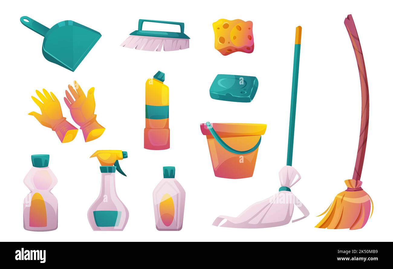 Équipement de nettoyage de maison, balais, brosses, savon, gants et produits chimiques ménagers