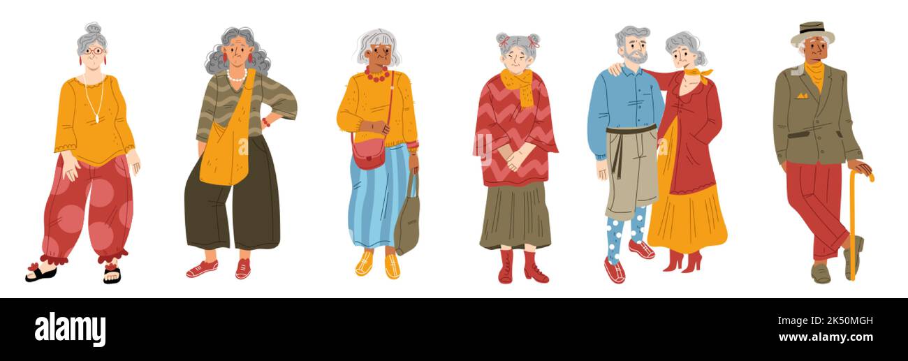 Les vieux modernes, les femmes adultes et les hommes âgés dans les vêtements de mode. Grands-mères et grands-pères heureux dans des vêtements décontractés tendance isolés sur le dos blanc Illustration de Vecteur