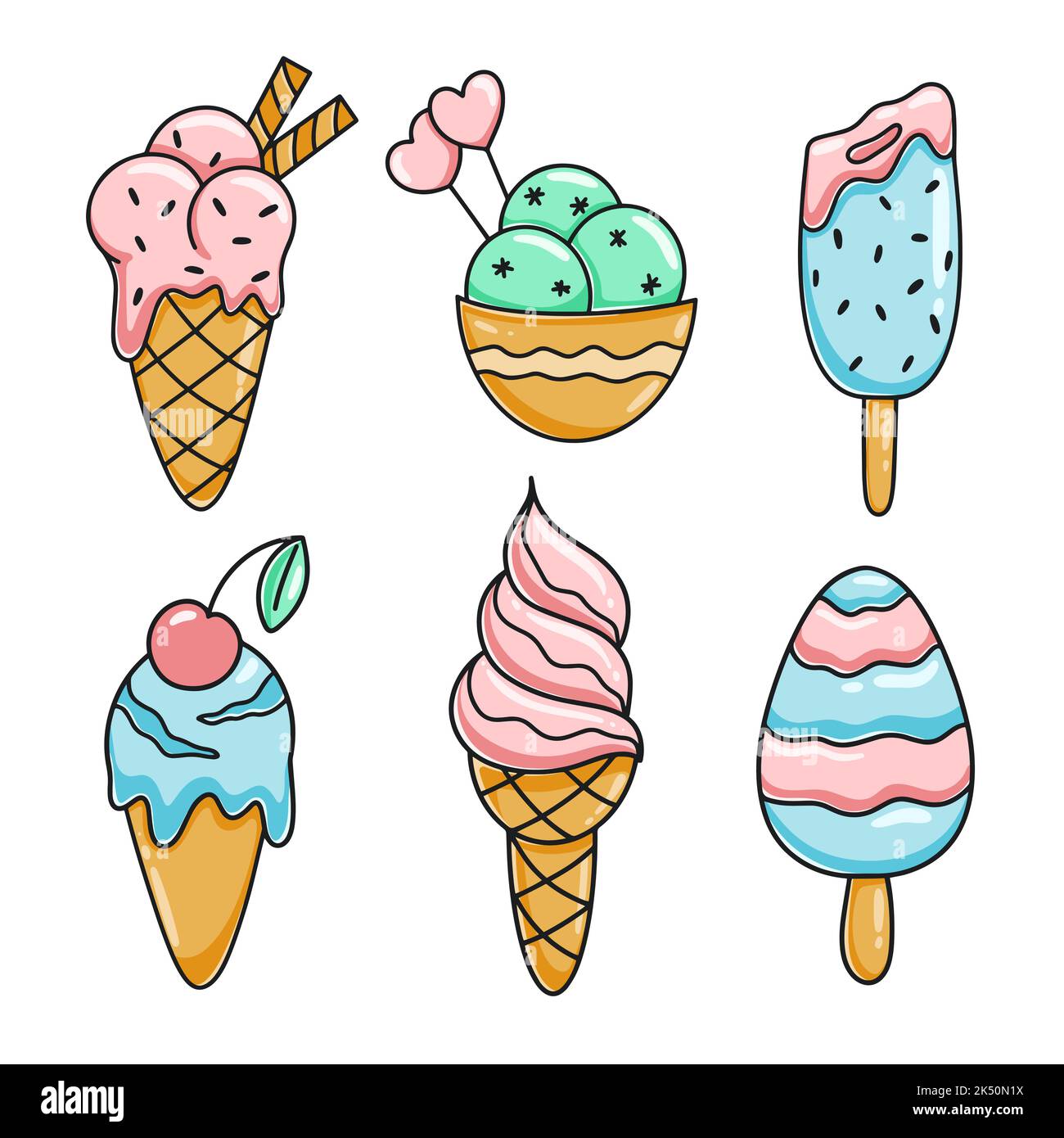 Ensemble de dessin animé crème glacée. Collection de desserts laitiers froids dessinés à la main. Crème glacée dans un bol, un cône, un popsicle, dans une illustration vectorielle isolée en glaçure Illustration de Vecteur